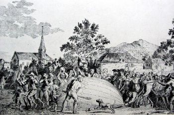 Paisanos aterrorizados destrozando el primer globo de hidrógeno de Jacques Charles y los hermanos Robert, en 1783. Una escena parecida tuvo que ocurrir en Pozoblanco con el globo de Inocente Sánchez